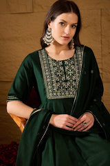 green cotton embroidered anarkali suit set