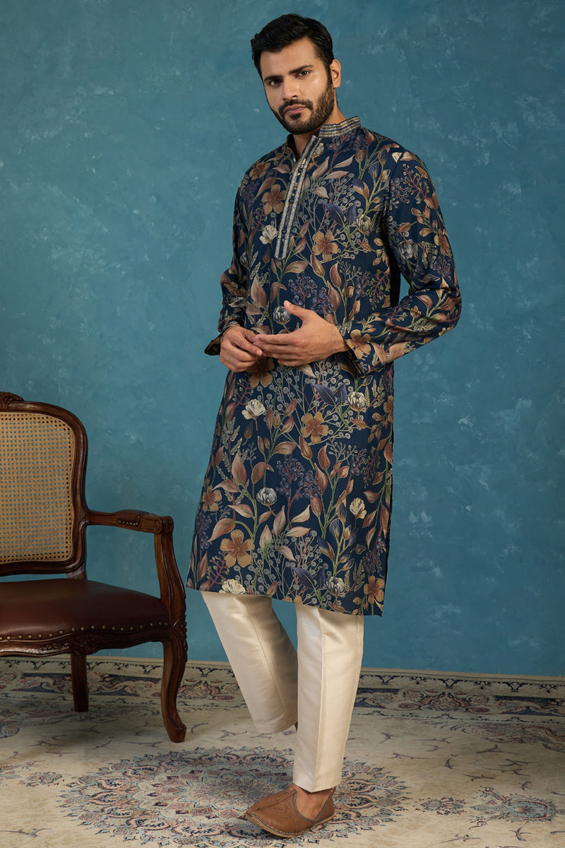 Mens Blue Modal Floral Printed Calf Length Straight Regular Kurta With Trouser MKSET1978