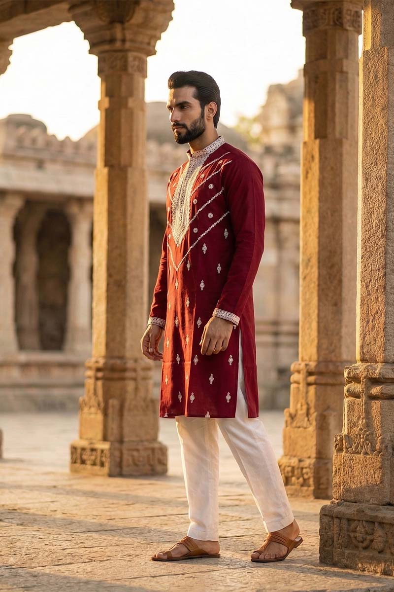 Maroon Silk Blend Embroidered Straight Kurta MKU2048