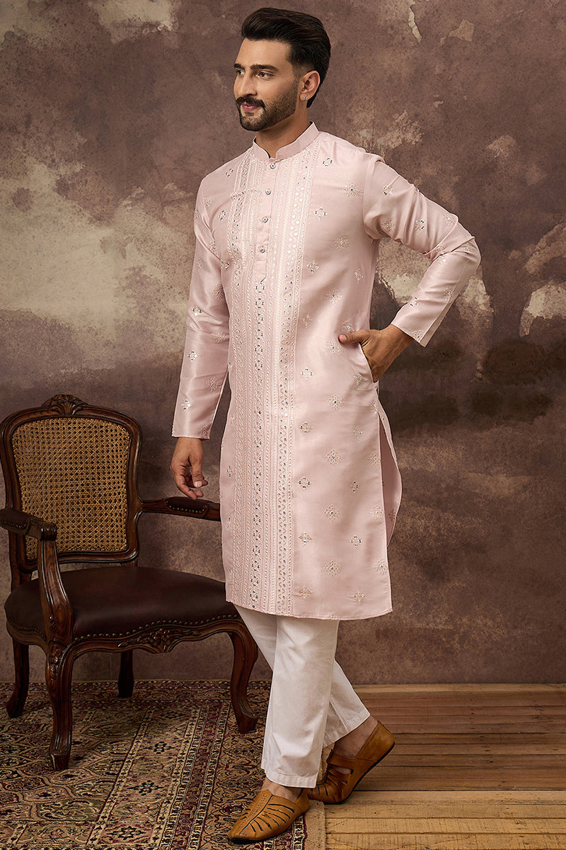 Pink Silk Blend Solid Embroidered Straight Kurta With Pant Set MKSET1362
