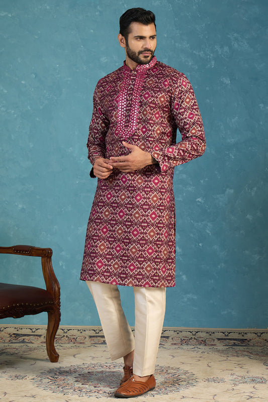 Mens Purple Silk Blend Ethnic Motifs Ikat Printed Kurta MKU1895