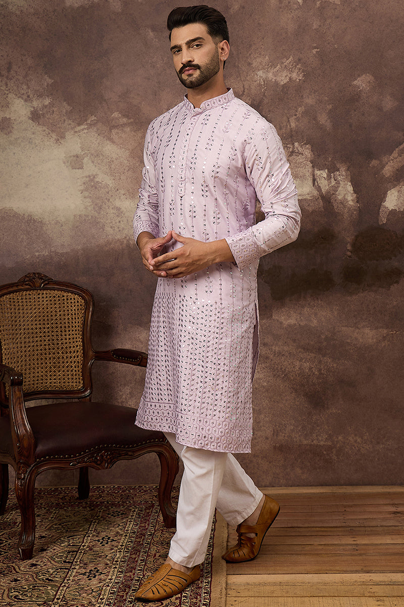 Lavender Silk Blend Solid Embroidered Straight Kurta With Pant Set MKSET1359