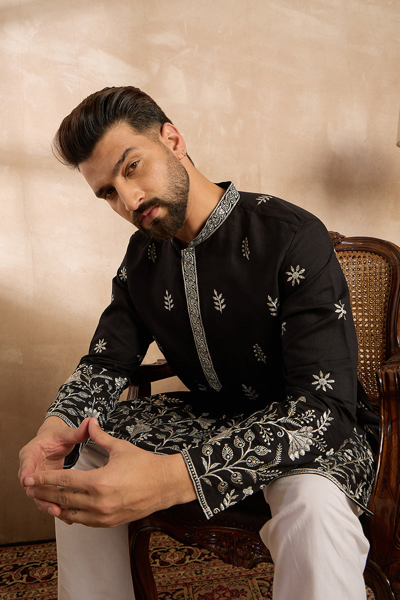 Black Silk Blend Solid Embroidered Straight Kurta With Trouser MKSET1782