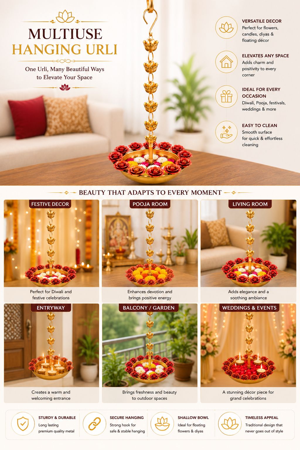 premium hanging lotus urli bowl with rose rim design decorative metal floating flower bowl with lotus chain hanging urli for water candles tea lights diwali pooja wedding home decor