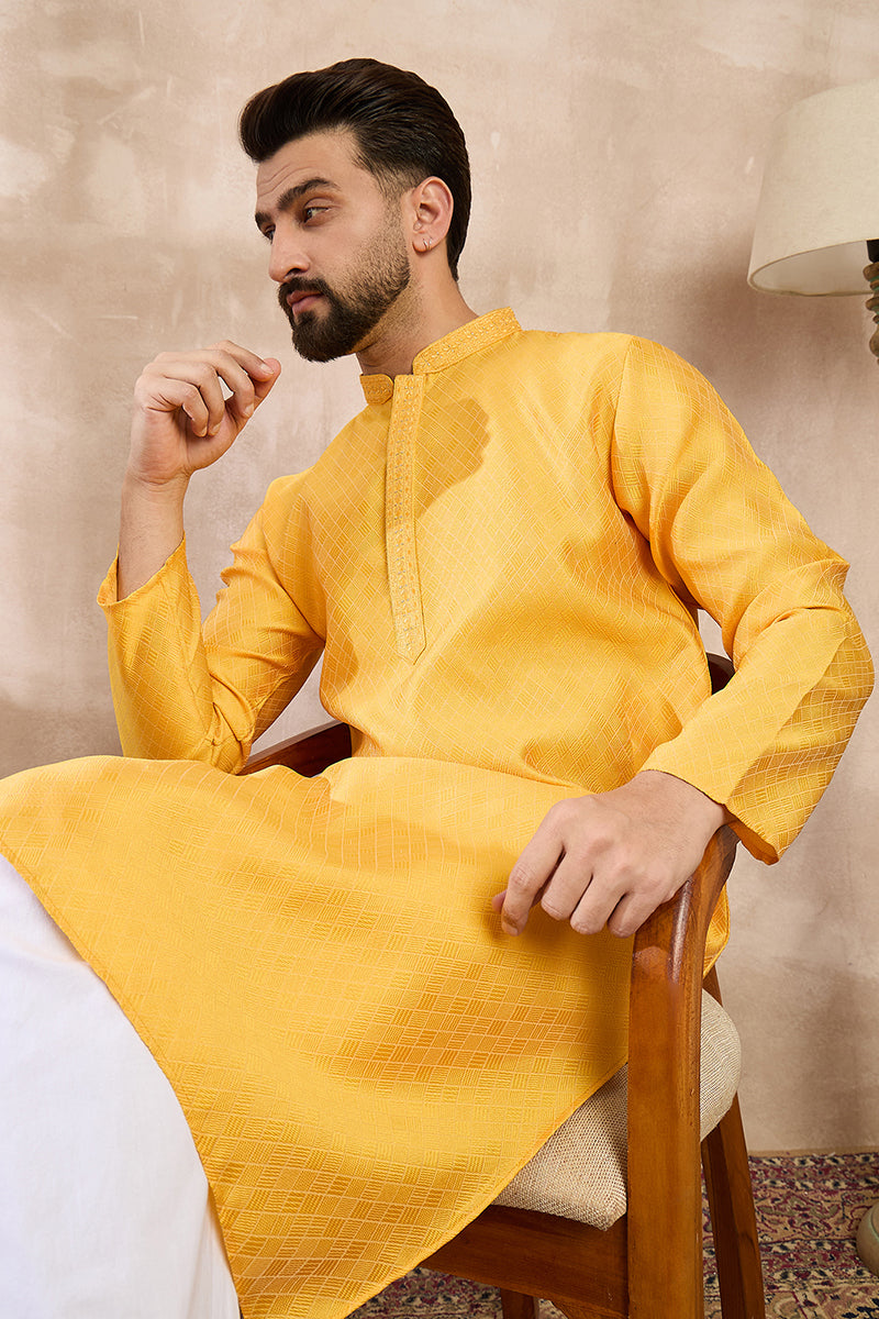 Yellow Silk Blend Solid Embroidered Straight Kurta With Trouser MKSET1737