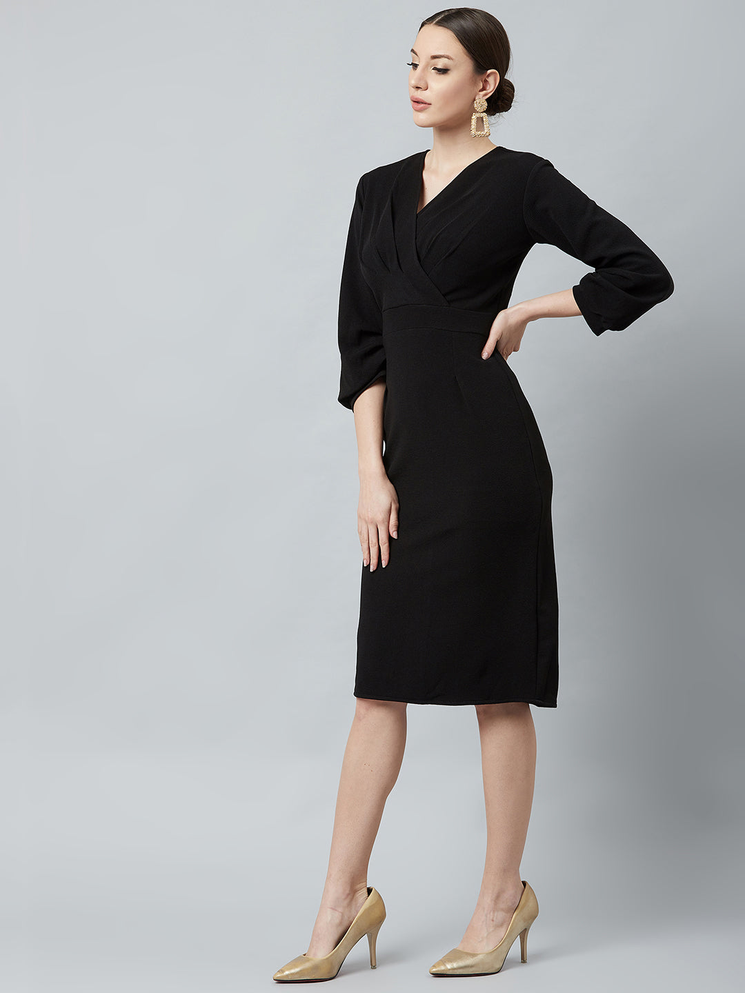 athena black v neck sheath dress