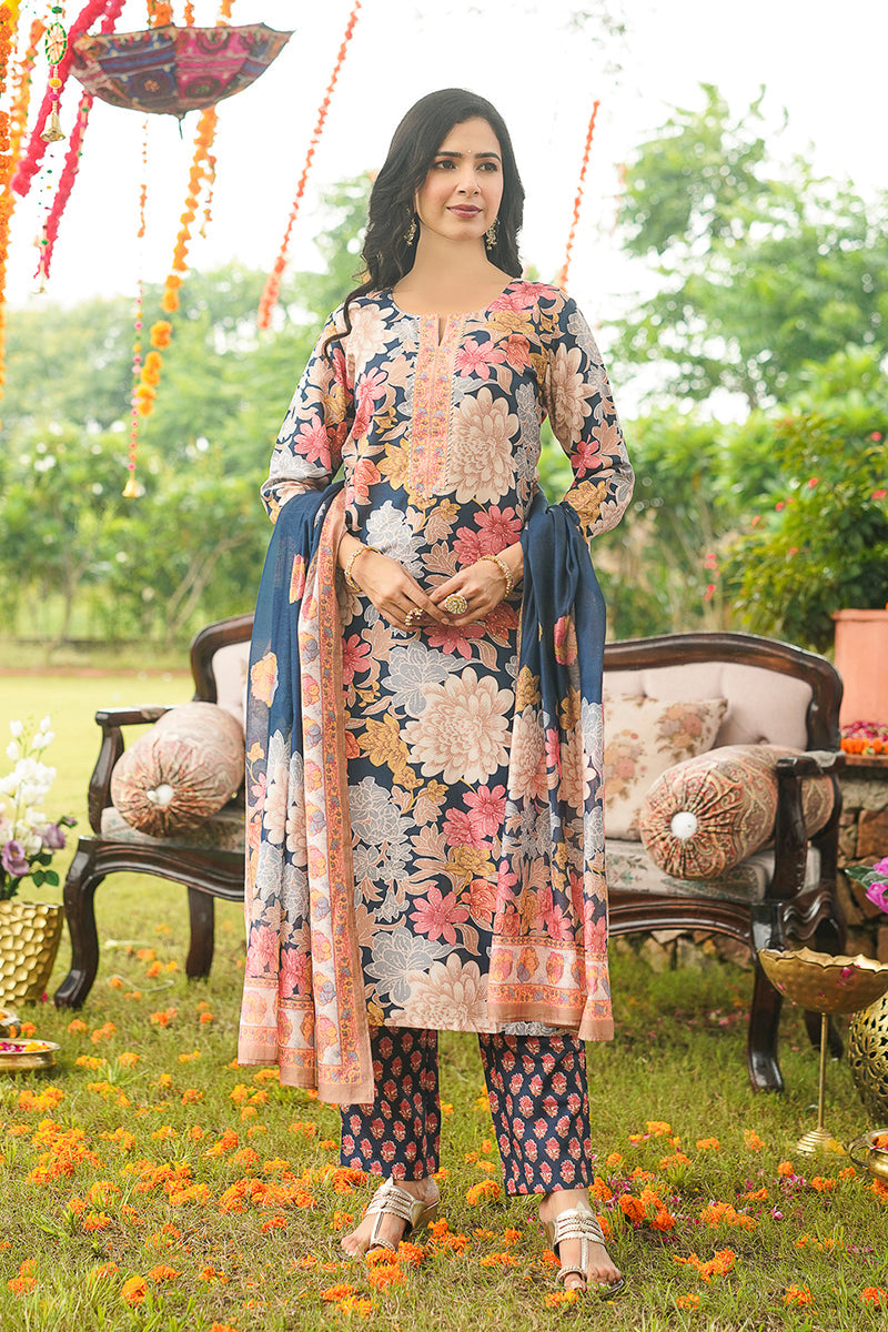 blue rayon blend floral printed straight kurta trousers with dupatta 