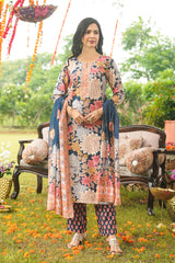 blue rayon blend floral printed straight kurta trousers with dupatta 