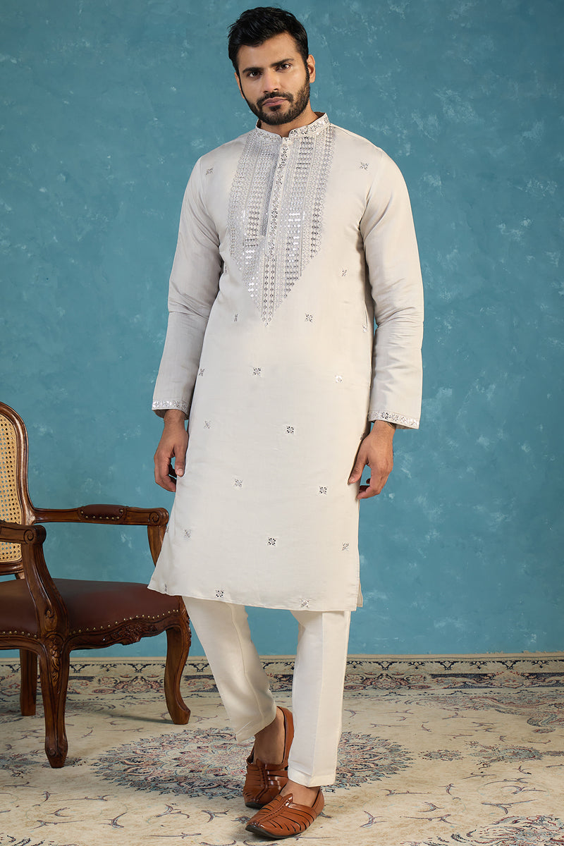 Mens Grey Silk Blend Solid Emboidered Sequins Kurta MKU2280
