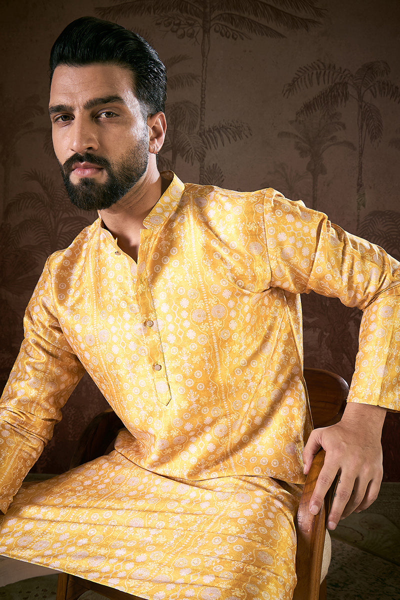 Yellow Silk Blend Floral Printed Straight Kurta MKU1948