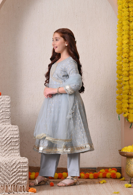 Indi Loom Couture Girls Blue Embellished Anarkali Kurta with Solid Pants & Dupatta Set ILKSD44