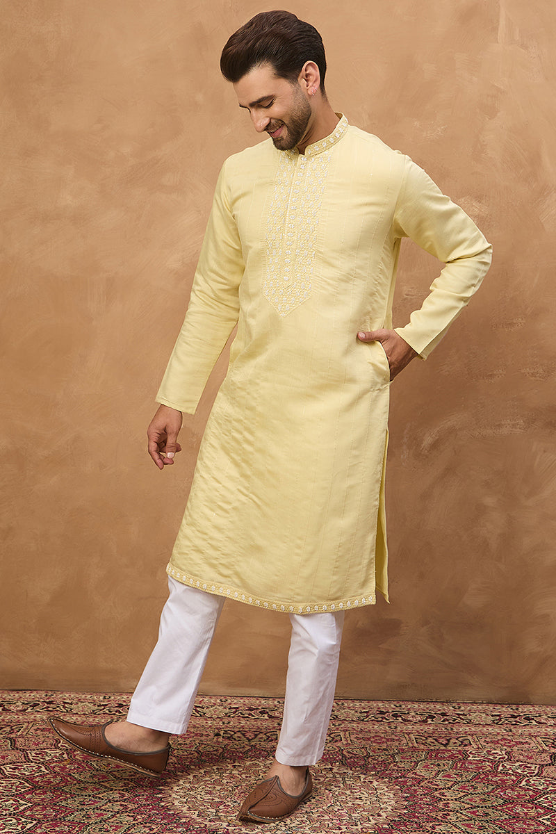 Yellow Silk Blend Solid Embroidered Straight Kurta MKU1507