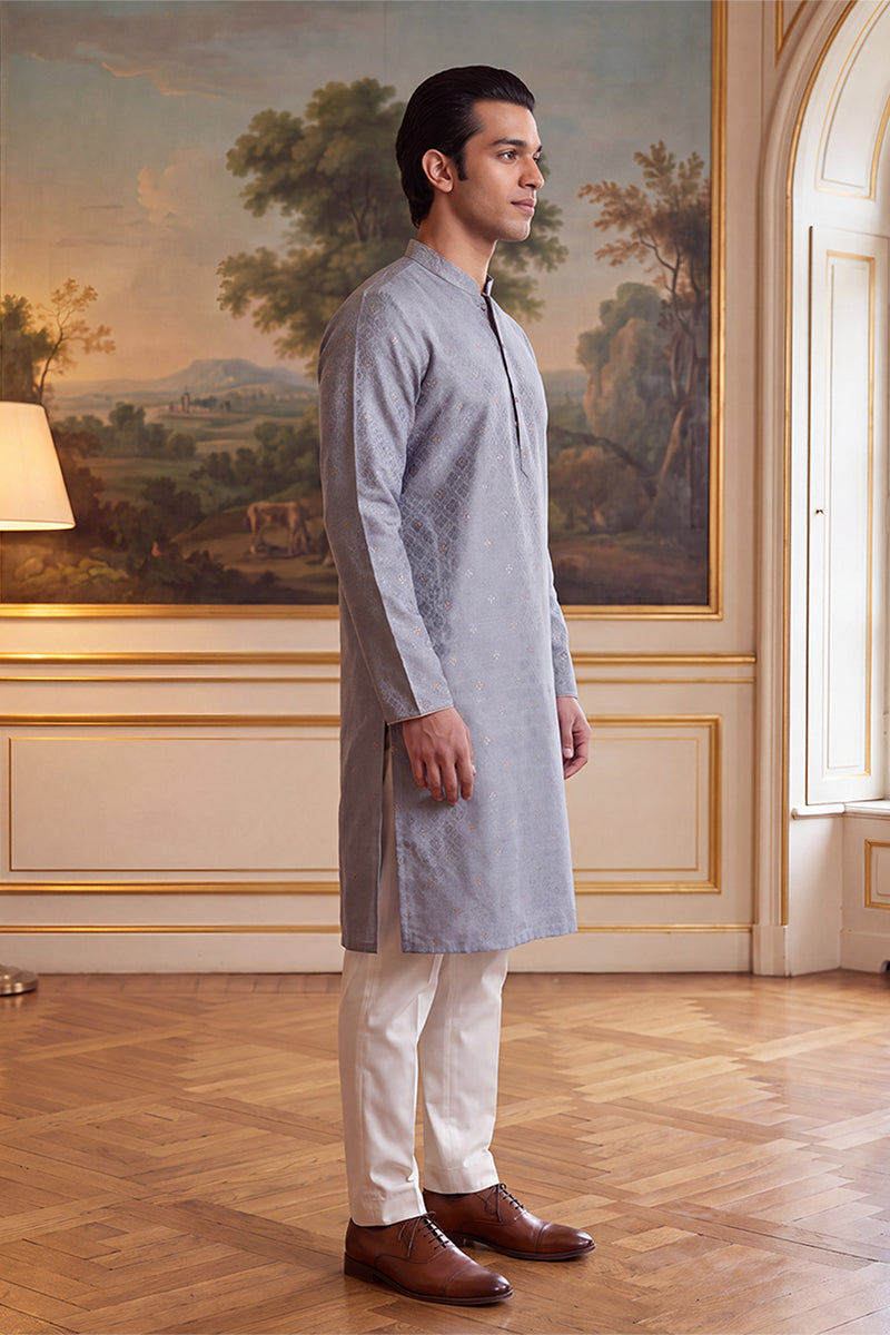 Mens Grey Jacquard Ethnic Motifs Woven Design Kurta With Trouser MKSET2642
