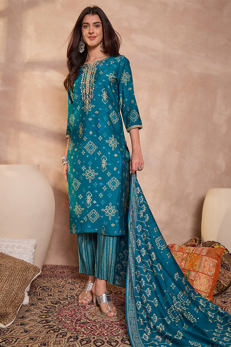 silk blend ethnic motifs printed blue kurta and trousers with dupatta pkskd3230