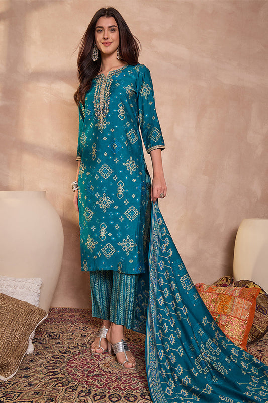 silk blend ethnic motifs printed blue kurta and trousers with dupatta pkskd3230