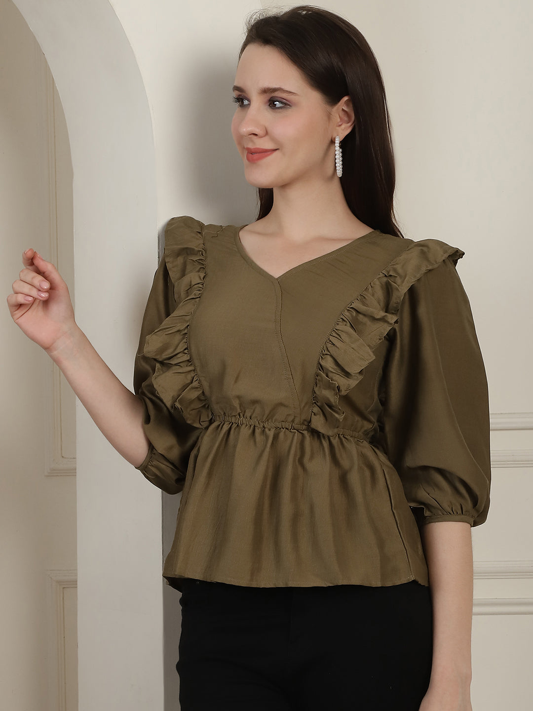 Brown Solid Womens Top With