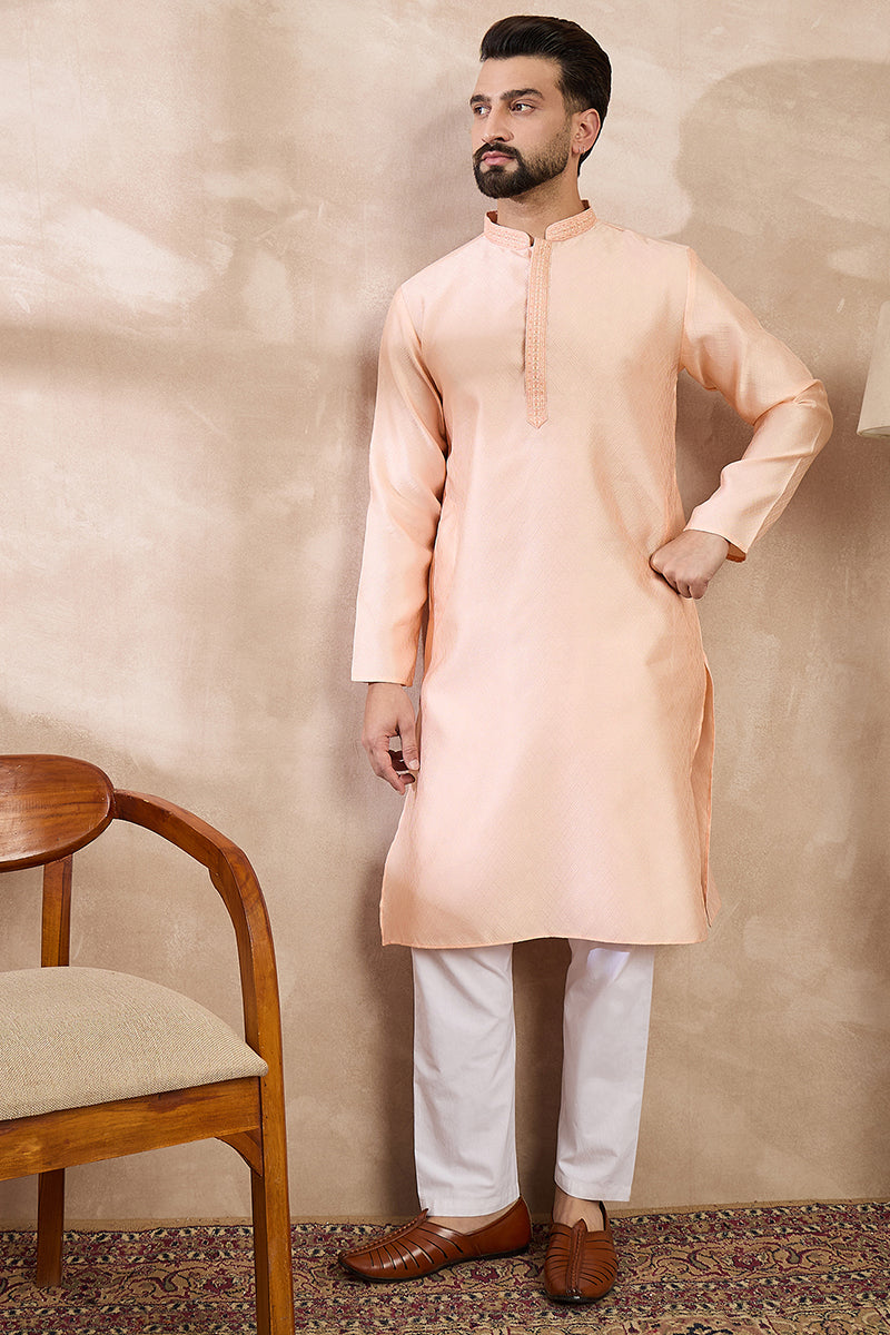 Peach Silk Blend Solid Embroidered Straight Kurta With Trouser MKSET1739