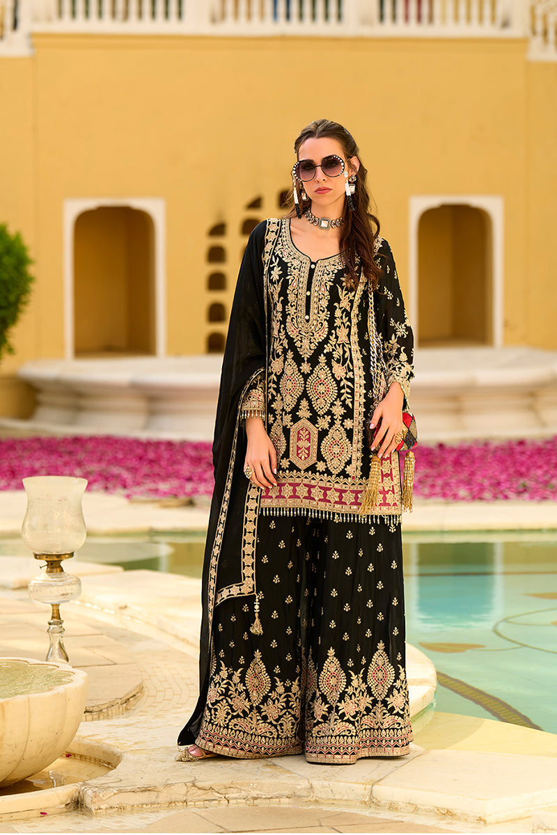 black chinon chiffon embroidered straight kurta sharara with dupatta