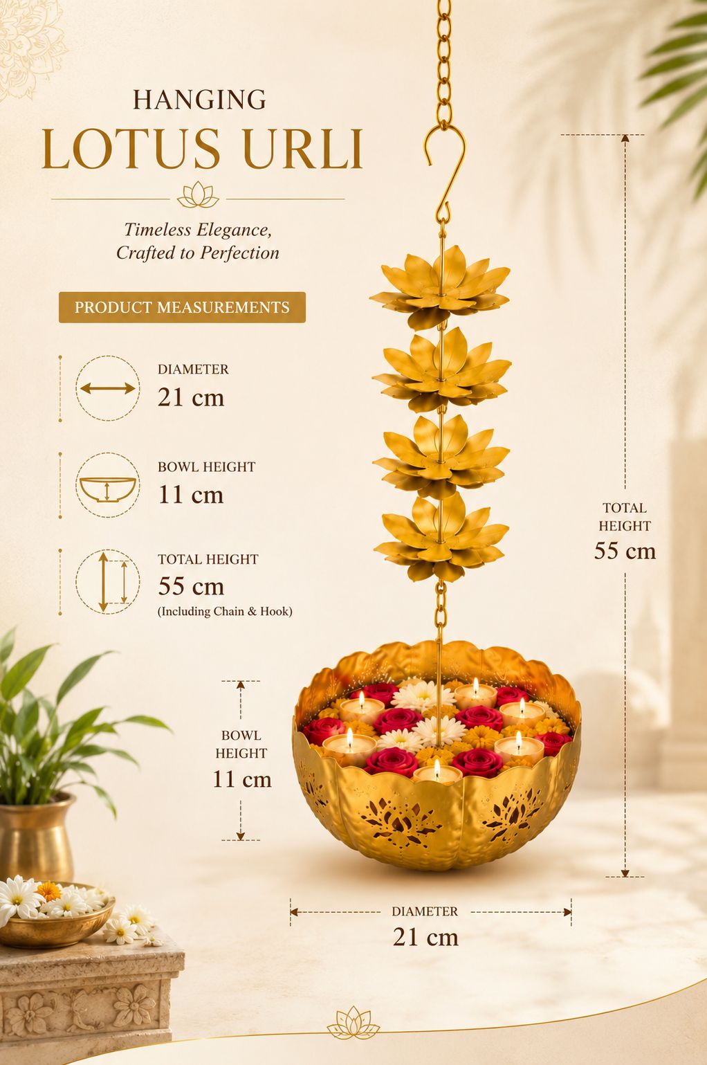 premium hanging lotus urli bowl decorative metal hanging flower urli for floating flowers water candles traditional hanging urli for diwali pooja wedding home decoration