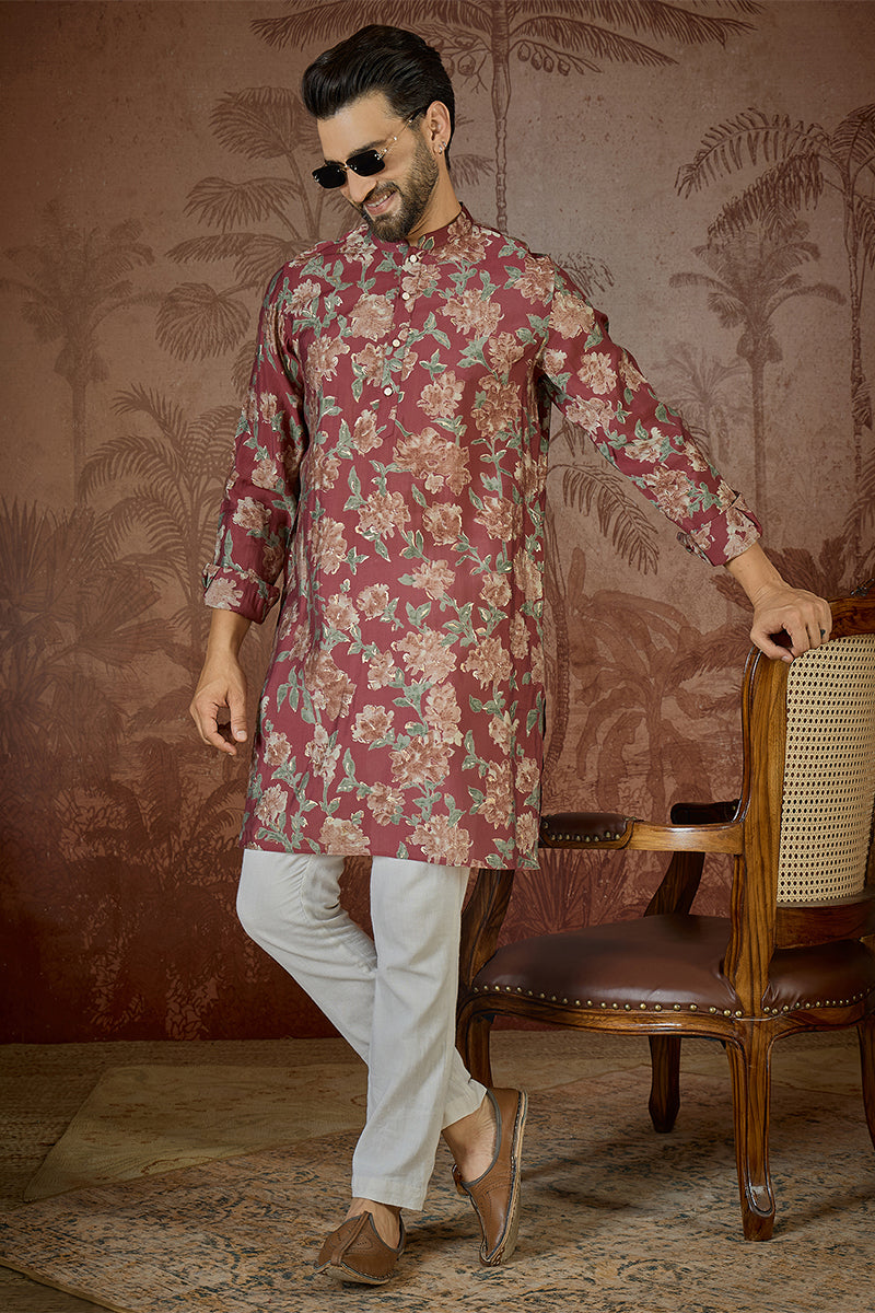 Mens Maroon Silk Blend Floral Printed Kurta With Trouser MKSET2541