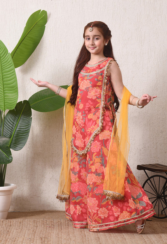 Indi Loom Couture Girls Multi Floral Printed Kurta with Sharara & Dupatta Set ILKSD73
