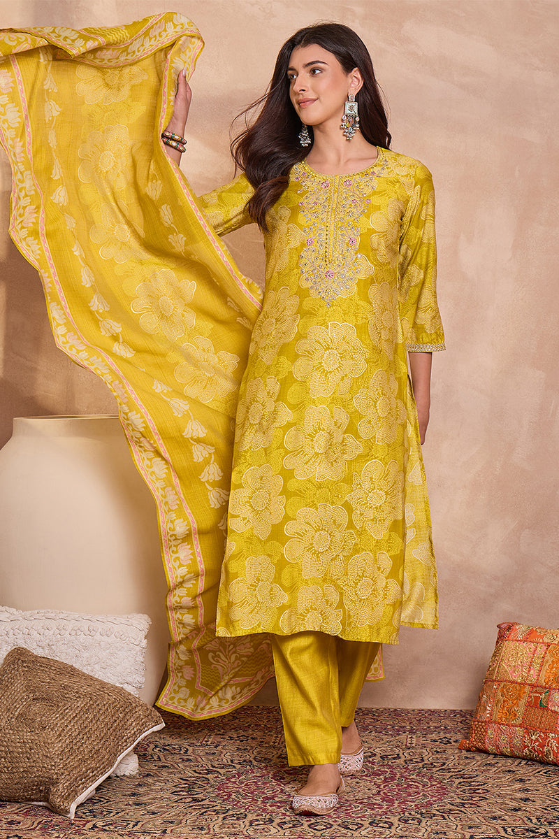 yellow floral printed straight kurta trouser with dupatta 