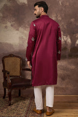 maroon silk blend solid embroidered straight kurta with trouser