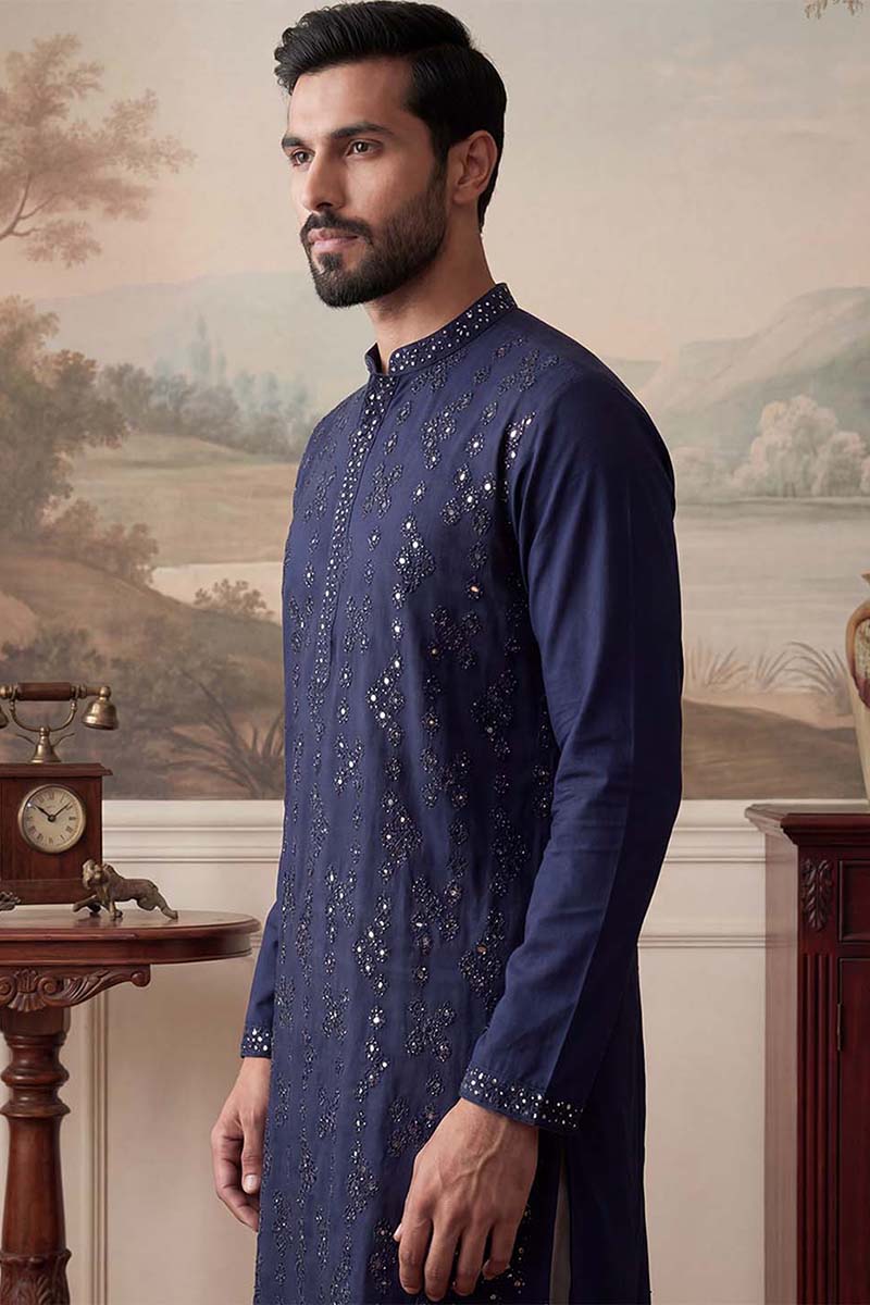 Mens Blue Silk Blend Solid Embroidered Kurta With Trousers MKSET2075