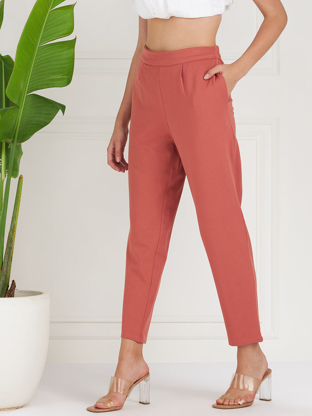 athena women pink relaxed straight leg fit pleated trousers 1