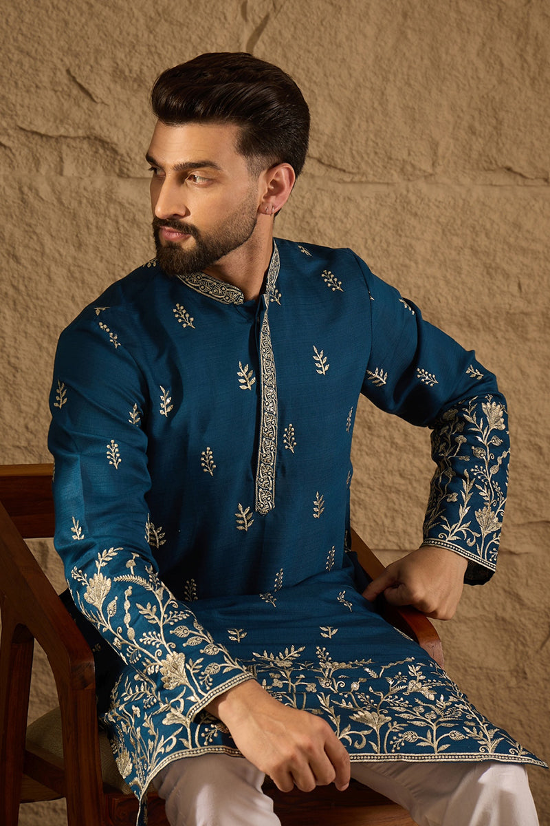 blue chanderi silk solid embroidered straight kurta with trouser