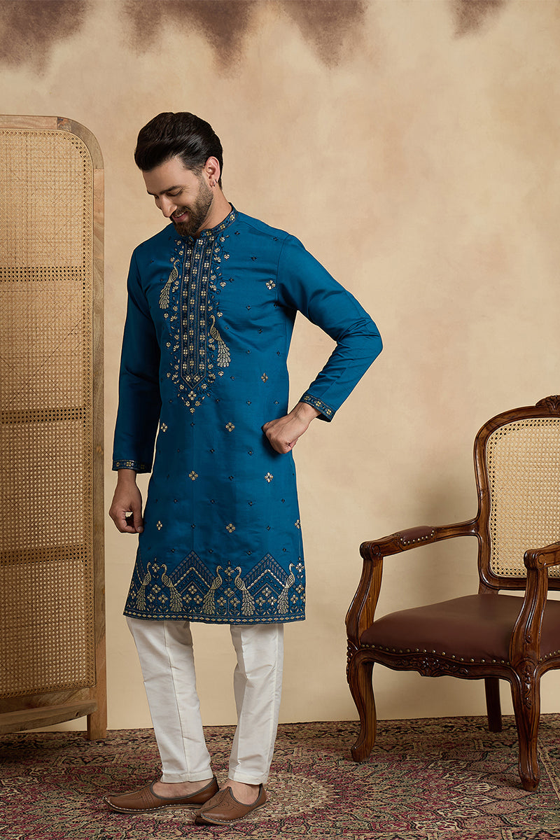 Mens Teal Silk Blend Solid Embroidered Thread Work Kurta MKU2443