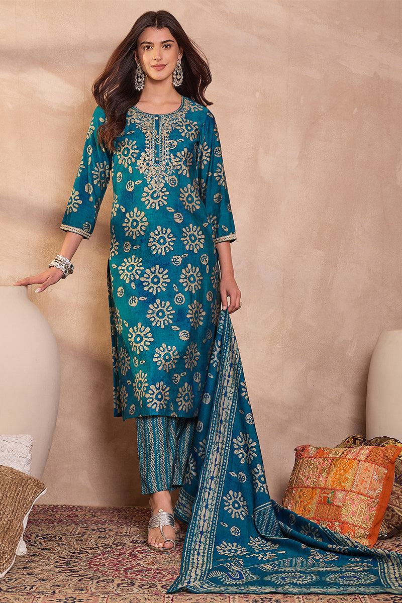 blue rayon blend floral printed straight kurta trouser with dupatta 