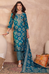 blue rayon blend floral printed straight kurta trouser with dupatta 