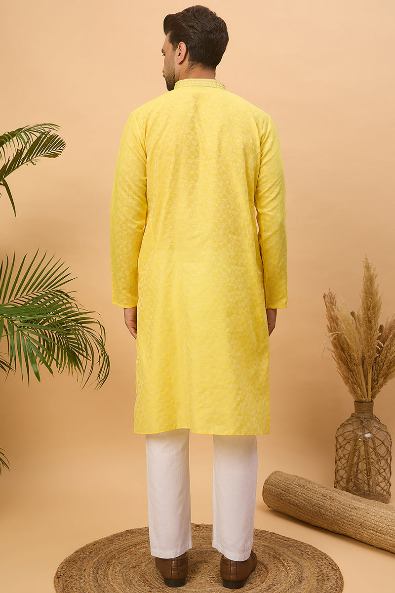 Yellow Silk Blend Solid Embroidered Straight Kurta MKU1455