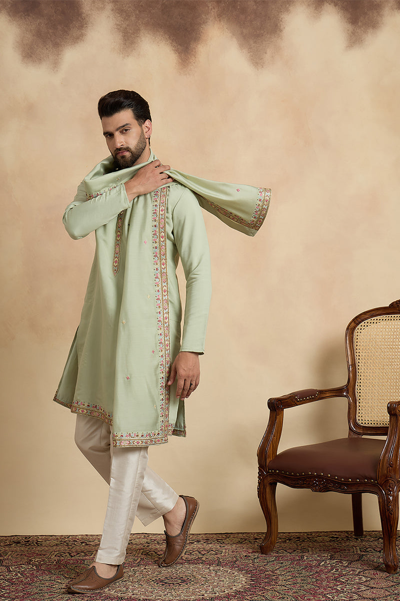 Mens Green Silk Blend Solid Embroidered Sequins Kurta & Trouser With Dupatta MKPD1070