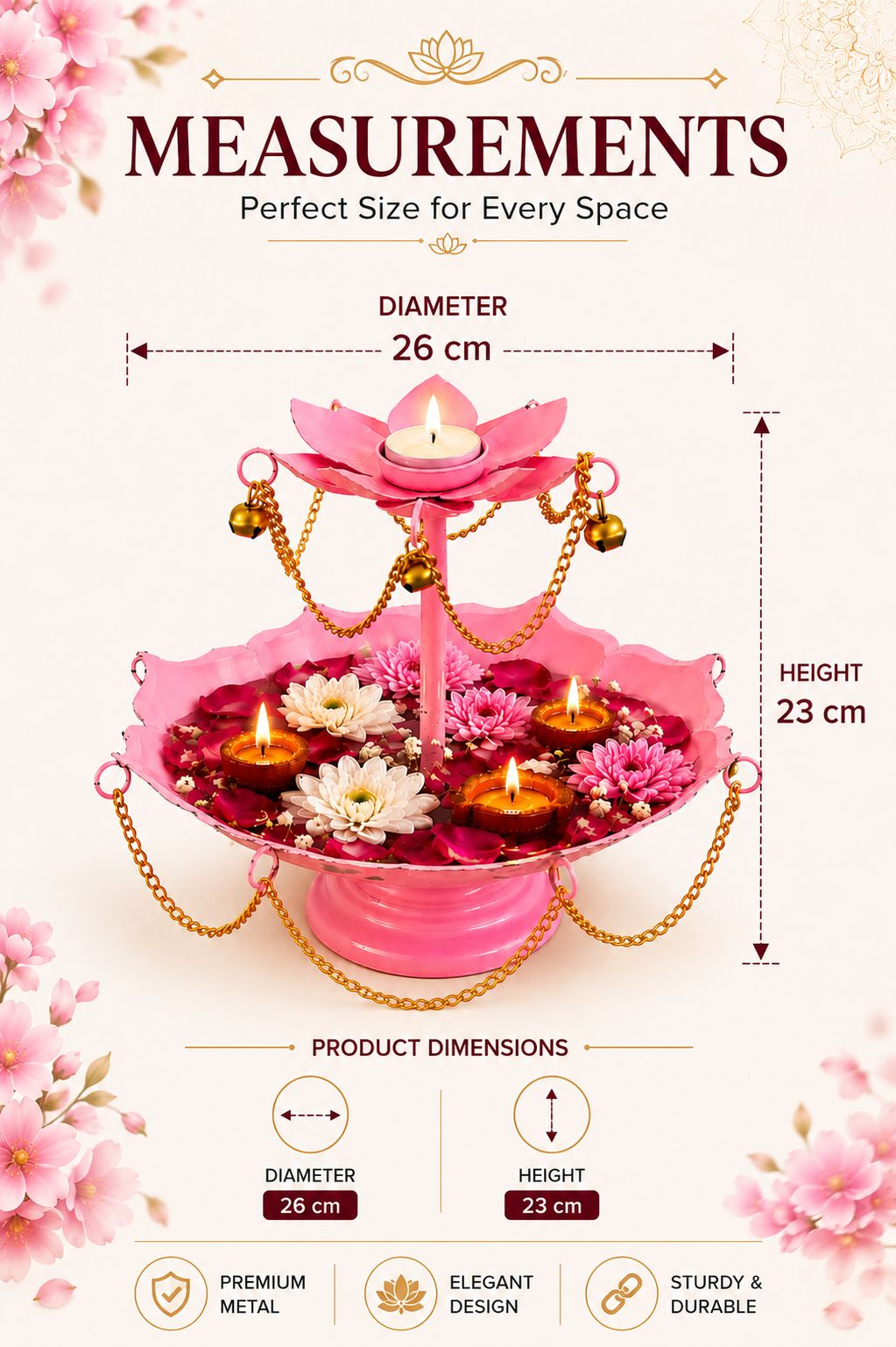 pink metal urli bowl with diya stand hanging chain design for floating flowers candles decorative centerpiece for diwali wedding home decor festive gifting