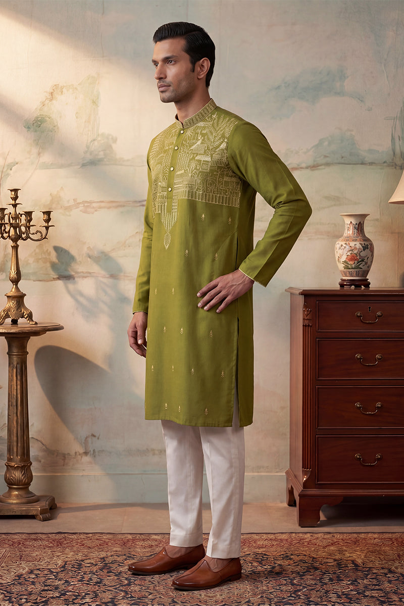 Mens Green Silk Blend Solid Emboidered Straight Kurta MKU2373