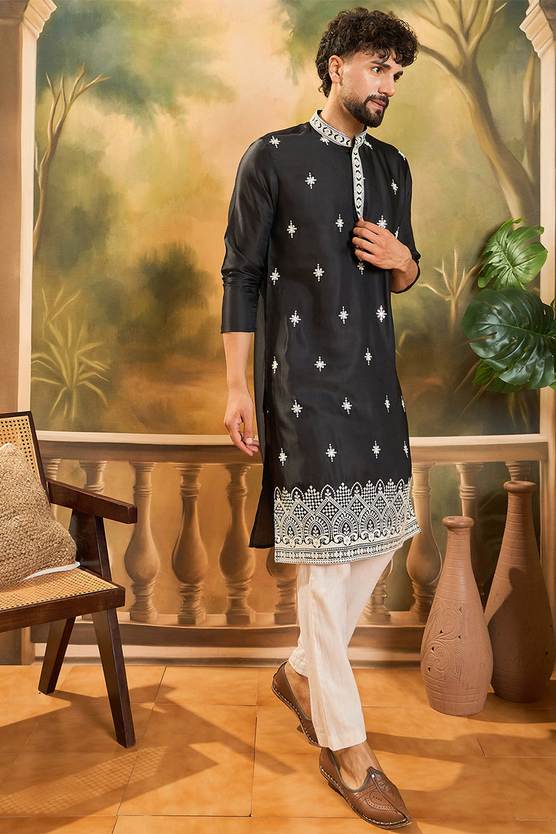 Black Silk Blend Solid Embroidered Straight Kurta