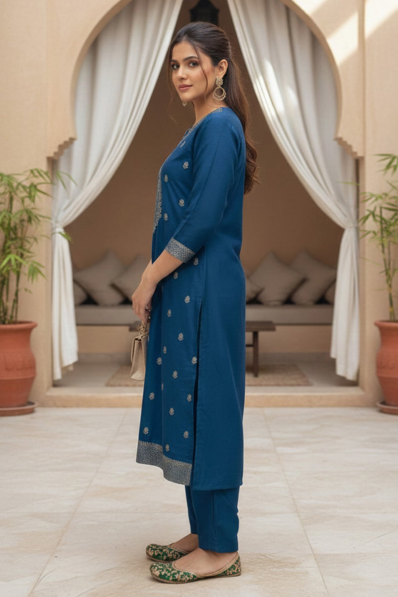 blue silk blend ethnic motifs stoning straight kurta trouser with dupatta
