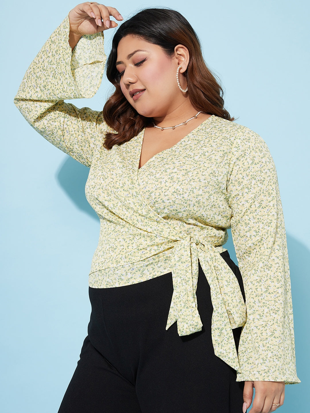 athena ample plus size floral printed bell sleeves wrap top