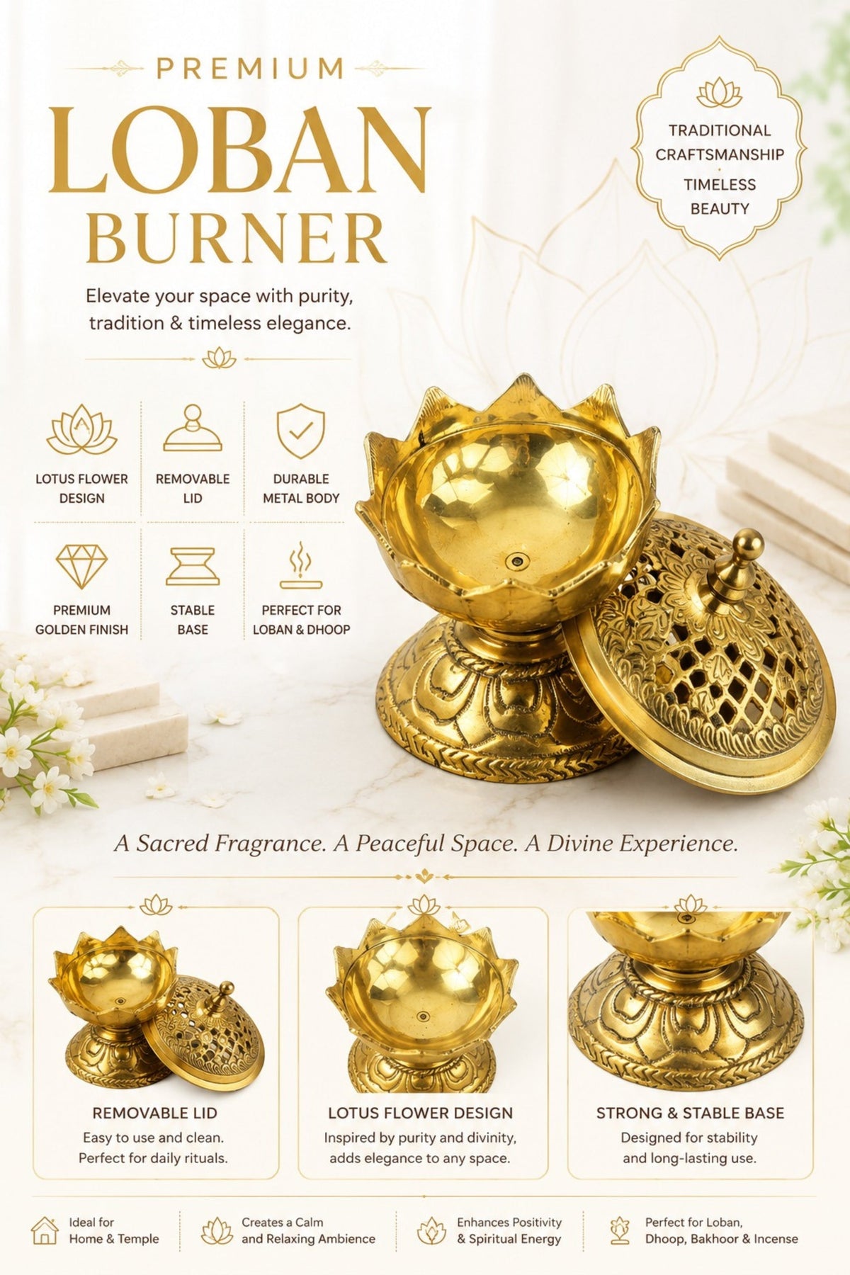 premium brass lotus loban burner with removable lid handcrafted brass dhoop dani for loban sambrani cups bakhoor resin incense dhoop decorative incense burner for home temple meditation gifting