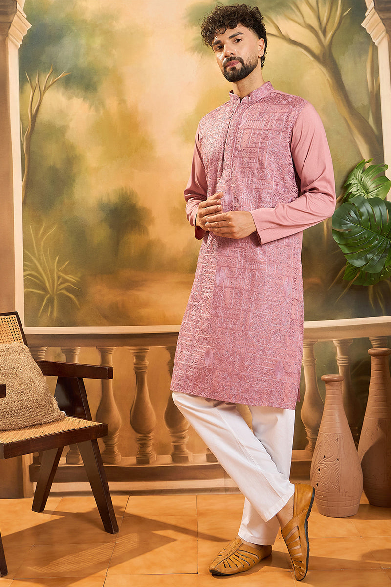 mauve silk blend solid embroidered straight kurta