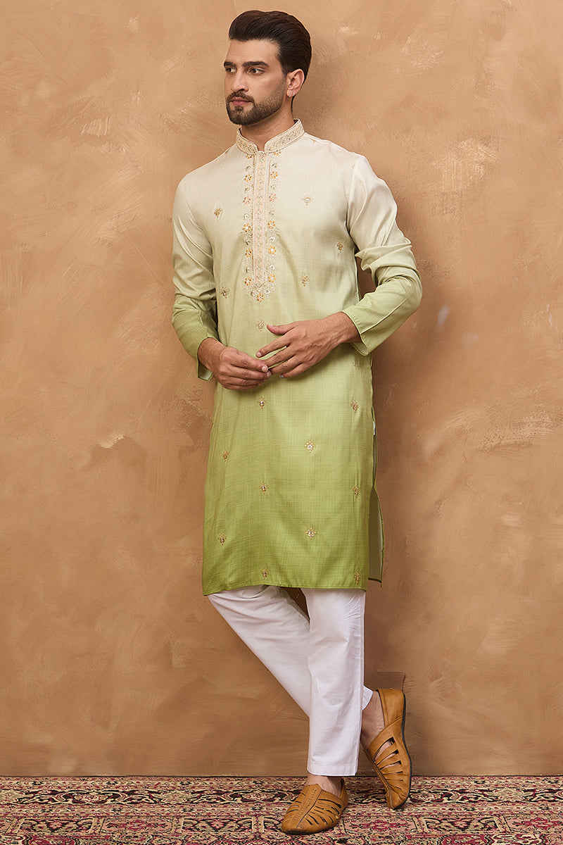Green Silk Blend Solid Embroidered Straight Kurta MKU1488