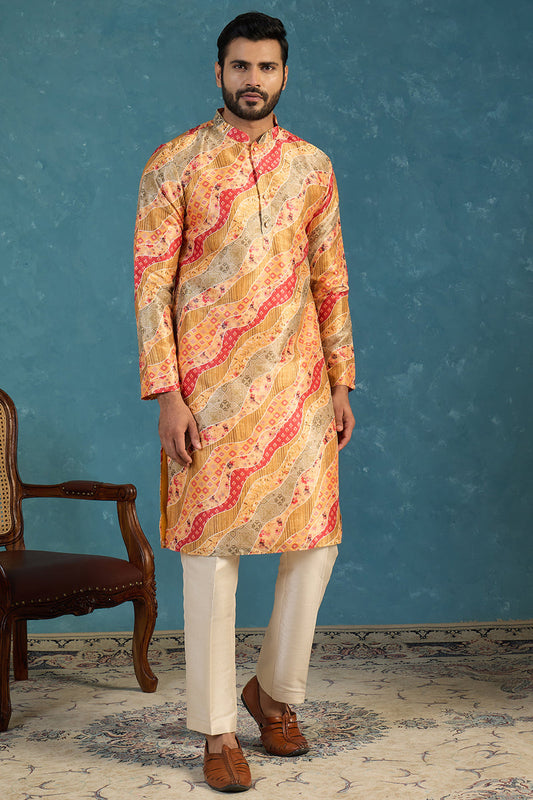 Yellow Silk Blend Printed Straight Kurta With Trousers MKSET2168