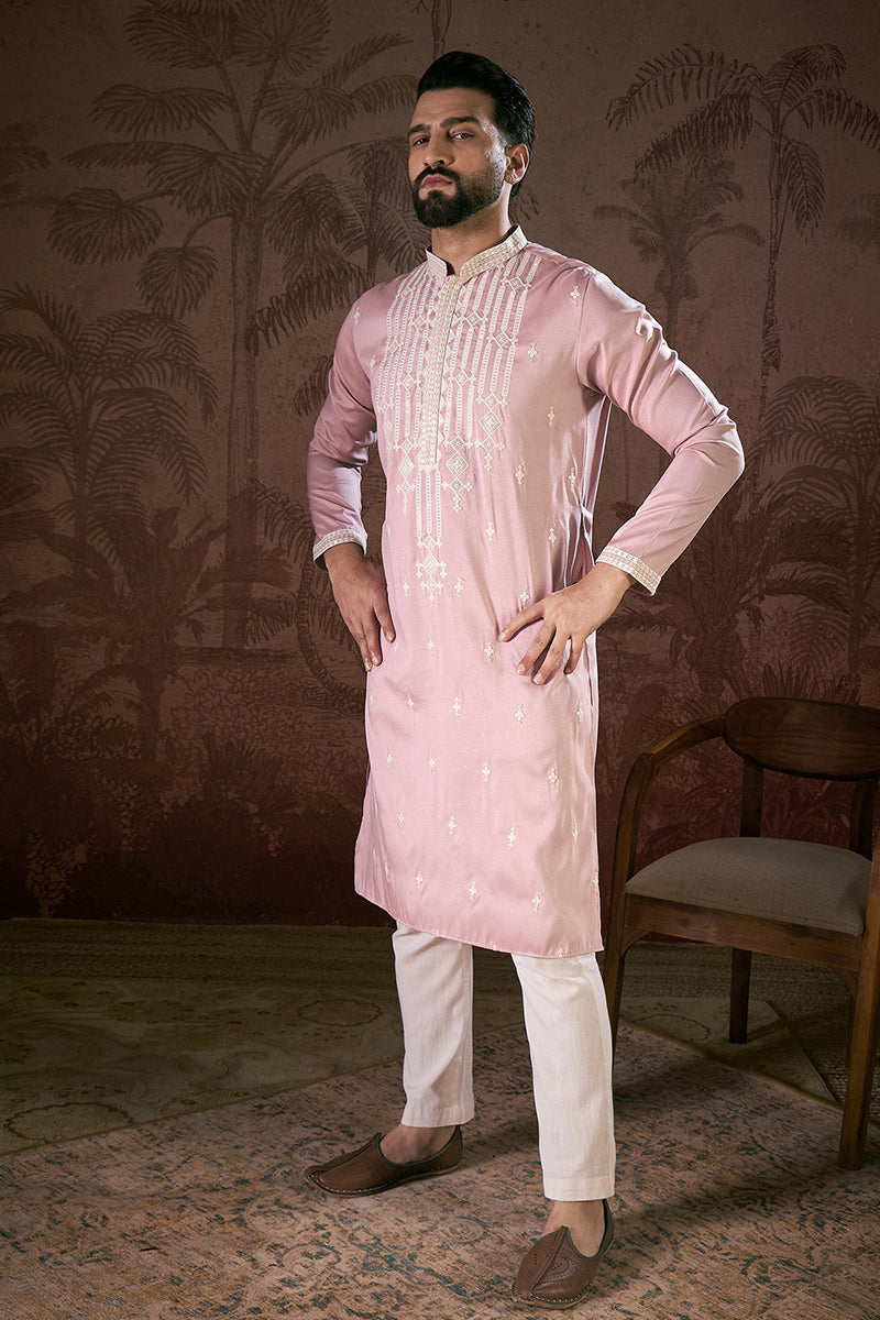 Pink Silk Blend Solid Embroidered Straight Kurta With Trouser MKSET1788