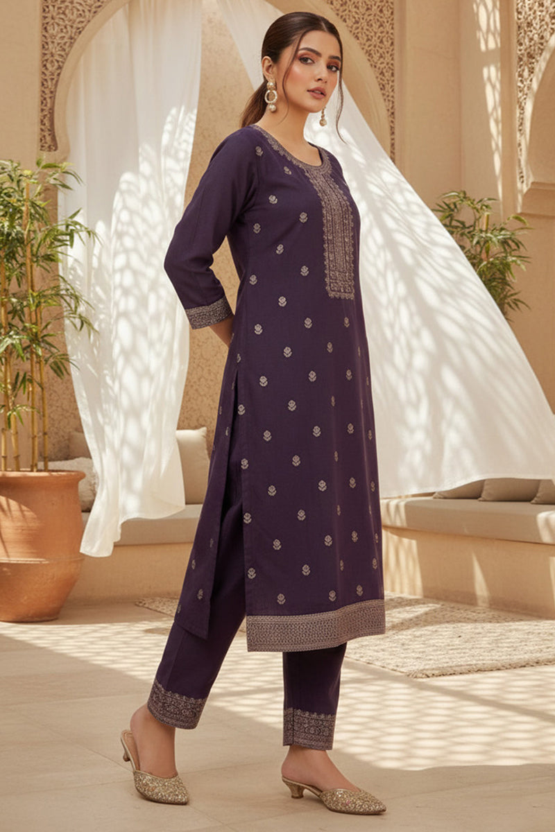 purple silk blend ethnic motifs stoning straight kurta trouser with dupatta