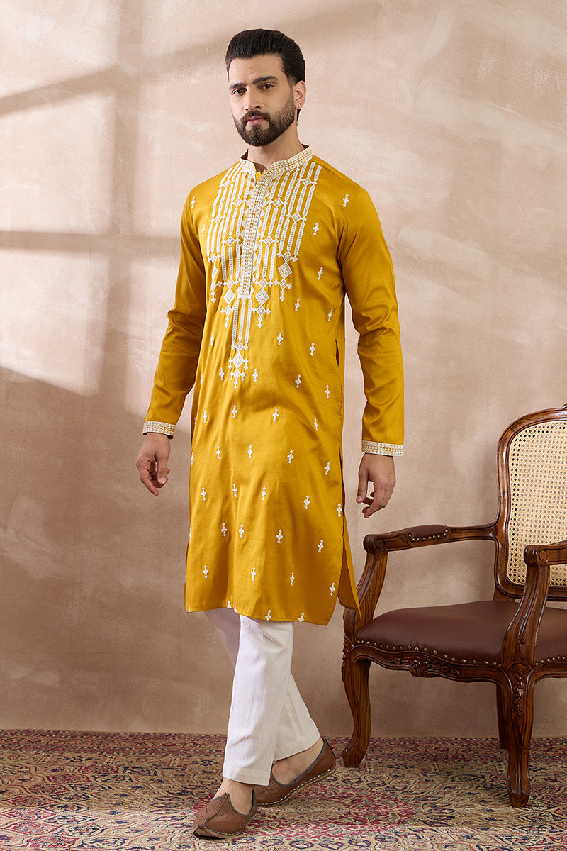 Yellow Silk Blend Embroidered Mandarin Collar Straight Kurta With Trouser MKSET1786