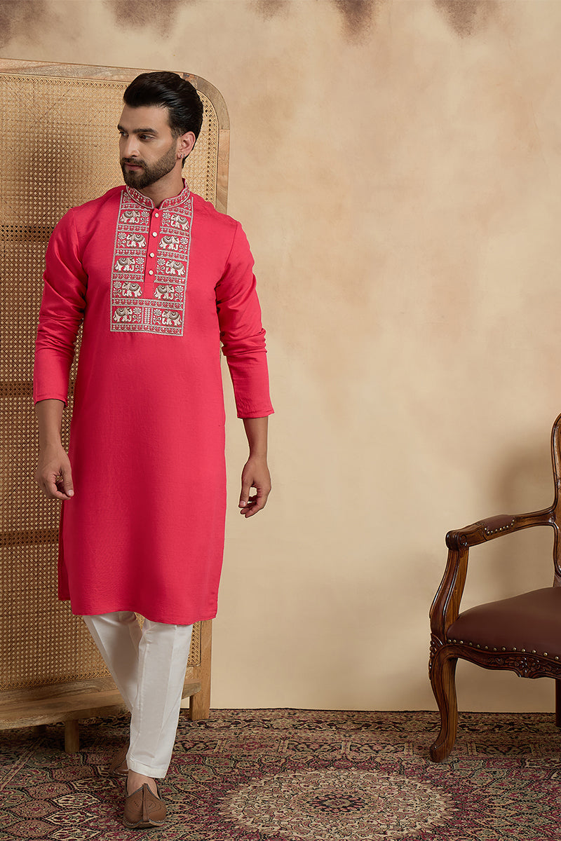 Mens Pink Viscose Rayon Solid Embroidered Thread Work Kurta With Trouser MKSET2459