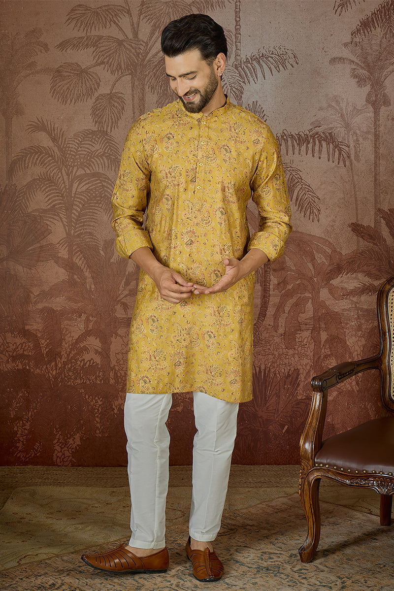 Mens Mustard Silk Blend Ethnic Motifs Printed Kurta MKU2559