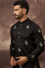 black silk blend solid embroidered straight kurta with trouser
